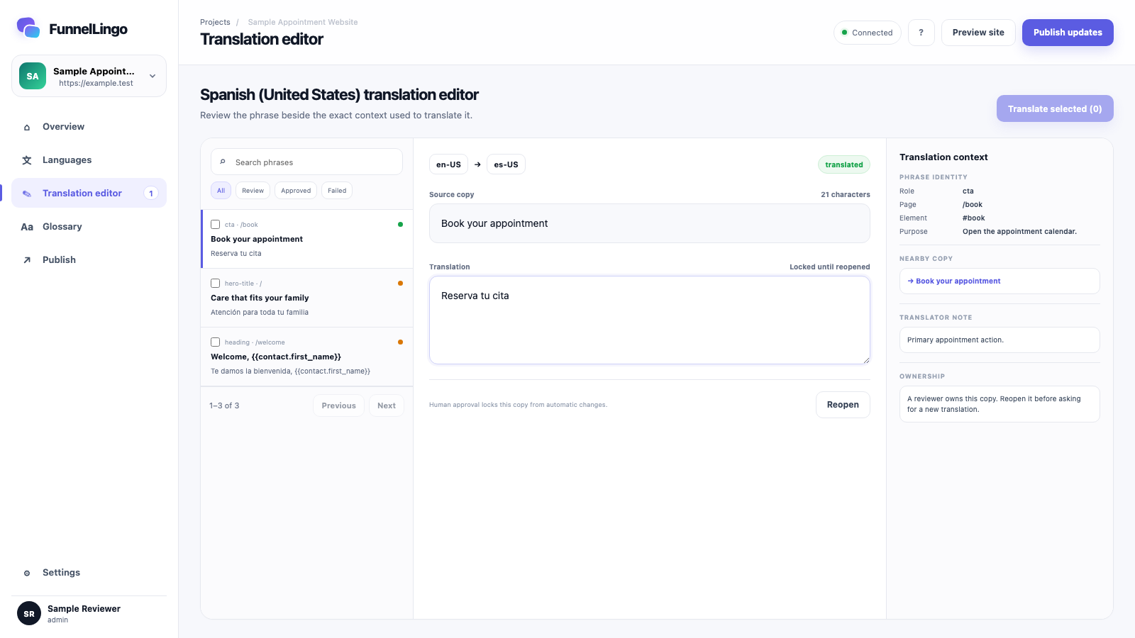 FunnelLingo editor showing source copy, a natural Spanish translation, and the context used for review